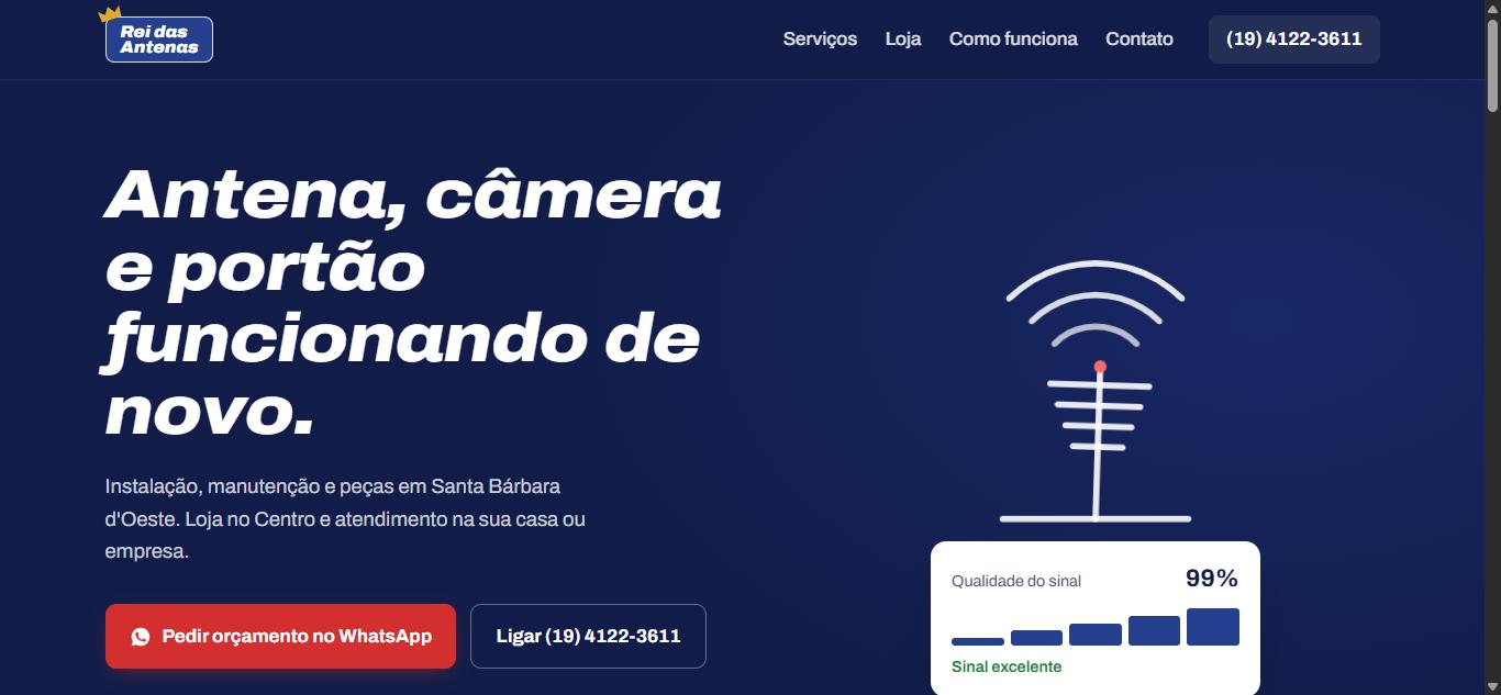 Tela inicial do site da Rei das Antenas, com uma antena e um medidor de sinal